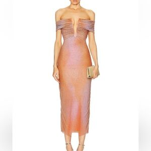 Self-Portrait Off-Shoulder Pink and Orange Midi Dress